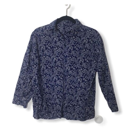 Blue Floral Abstract Print Button Down Shirt Long Sleeve Lightweight Blouse (M) - Picture 1 of 2